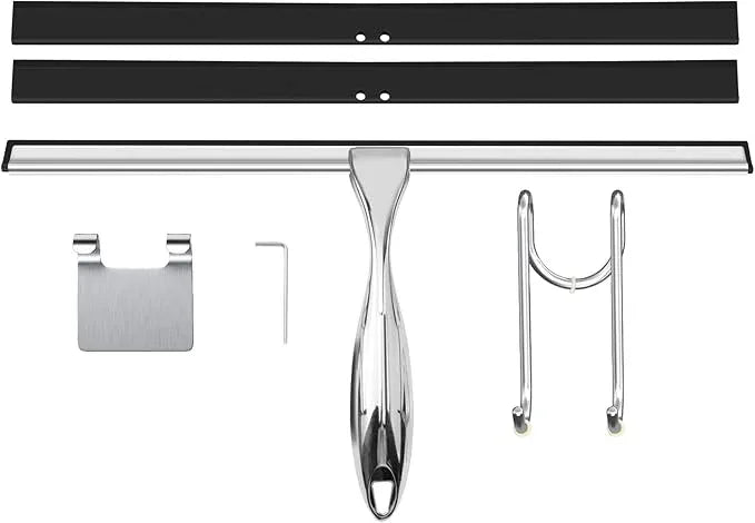 TOOVEM 14 Inch Shower Squeegee for Glass Doors, Window, Bathroom, Car Windshield, Shower Cleaning Tools with S Hook, Square Sticky Hook (Silver) - NeatNest