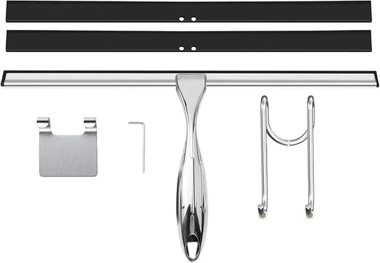TOOVEM 14 Inch Shower Squeegee for Glass Doors, Window, Bathroom, Car Windshield, Shower Cleaning Tools with S Hook, Square Sticky Hook (Silver) - NeatNest