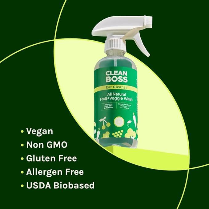 CleanBoss Eat Cleaner Triple-Action Fruit + Veggie Wash - 12 oz, Pack of 3 - Removes Harmful Residue - Keeps Produce Fresh Up to 5X Longer - Includes One Trigger - Vegan, Gluten Free - Improved Nozzle - NeatNest