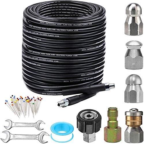 Sewer Jetter Kit for Pressure Washer 150FT, 5800PSI Drain Cleaner Hose 1/4 Inch NPT Corner, Rotating and Button Nose Sewer Jetting Nozzle Pearl Corsage Pin Waterproof Tape with 2 Spanner - NeatNest