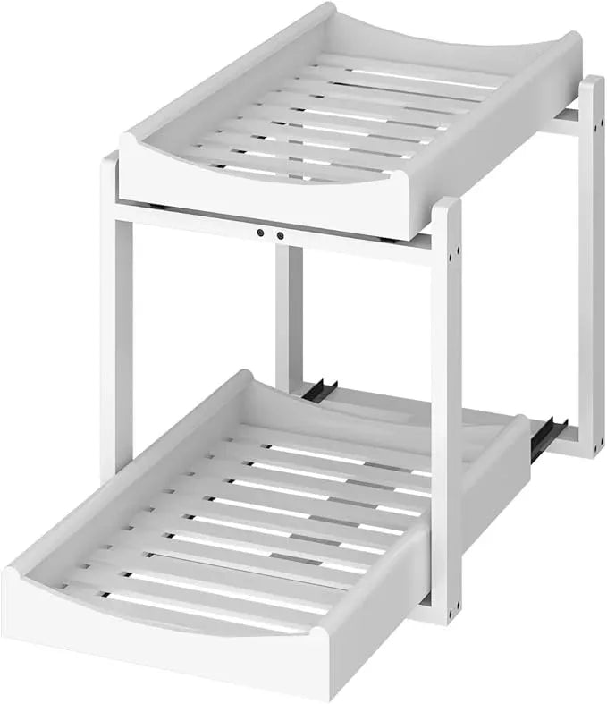 Bamboo Under Sink Organizer and Storage, 1 Pack Pull Out Cabinet Organization, 2 Tier Vertical Slide Out Undersink Storage Shelf, Multi-Purpose Organizer Shelves for Kitchen Bathroom Medicine, White - NeatNest