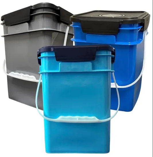House Naturals 4 Gallon Square Food Grade Bucket Pail with Plastic Handles and Lid (Pack of 3) Made in USA containers (Aqua/Blue/Gray) - NeatNest