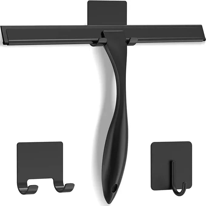 All-Purpose Stainless Steel Shower Squeegee for Shower Doors with 2 Adhesive Hooks, Bathroom Cleaner Tool Household Window Mirror Squeegee for Home Cleaning, Glass Door, Tile Wall, Car, 10 Inch Black - NeatNest