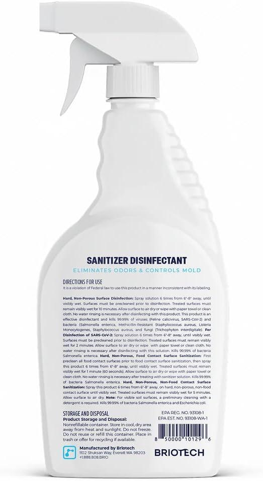 BRIOTECH Sanitizer Disinfectant Hypochlorous Spray, Kill 99.99% of Viruses & Bacteria, Control Mold, Eliminate Odor, Gentle for Nursery & Play Rooms, Food Contact Surface Sanitizer, 32 fl oz - NeatNest