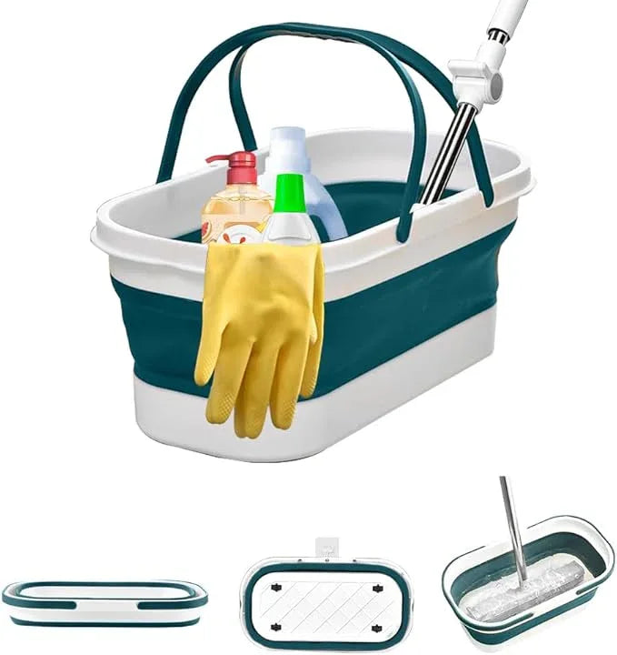 Collapsible Mop Wash Basin Bucket with Handle and Wheels, 12L (3.2 Gallon) Portable Plastic Basket Crate Tub for Storage Organization, Foldable Water Bin Container for Cleaning, Car Washing, Blue - NeatNest