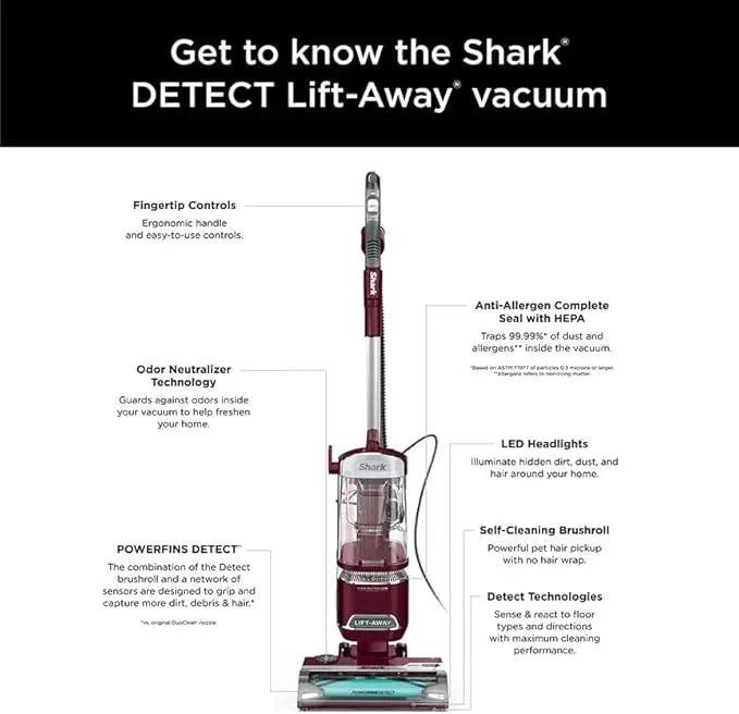 Shark DETECT Lift-Away Corded Upright Vacuum with Detect Technology, Self-Cleaning Brushroll for No Hair Wrap, Anti-Allergen Complete Seal, and Odor Neutralizer Technology, Burgundy, LA492 - NeatNest