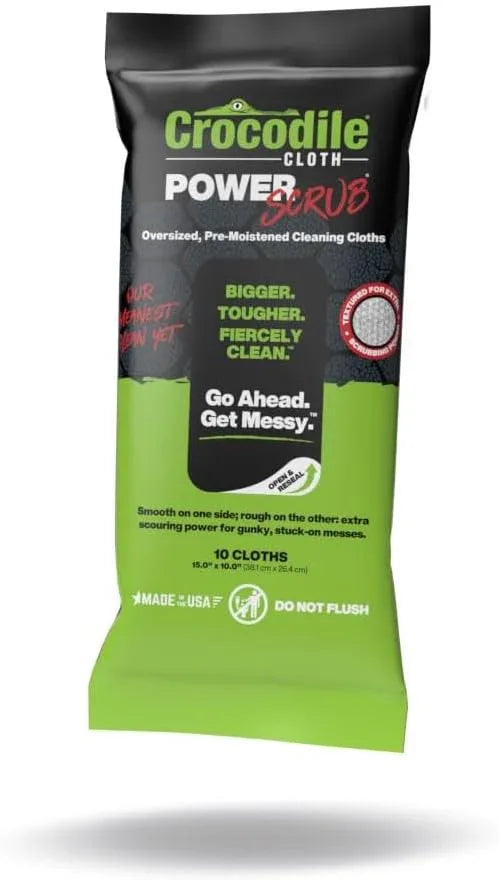Crocodile Cloth PowerSCRUB Cleaning Wipes – 10 (15" x 10") Dual-Surface Cloths, Heavy-Duty, Moist, Absorbent, & Disposable - Safe on Skin & Multiple Surfaces - NeatNest