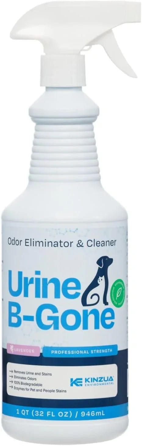 KINZUA ENVIRONMENTAL Urine B-Gone, Professional Enzyme Odor Eliminator & Pet Stain Remover, Human, Cat & Dog Urine Cleaner, Effective on Laundry, Carpets & More, Lavender Scent, 32oz - NeatNest