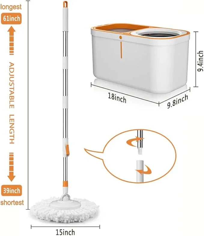 Spin Mop Bucket with Wringer System Extended Mop Handle 61＂Mop and Bucket for Floors Cleaning with 5 Replacement Head Refill 1 Cleaning Brush Head - NeatNest