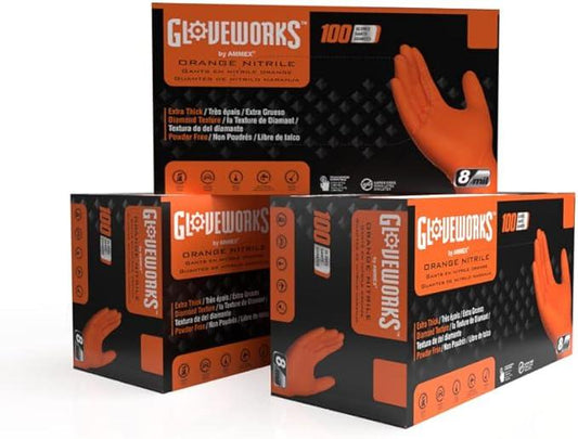 GLOVEWORKS HD Orange Nitrile Disposable Gloves 8 Mil Raised Diamond Texture, 100 - NeatNest