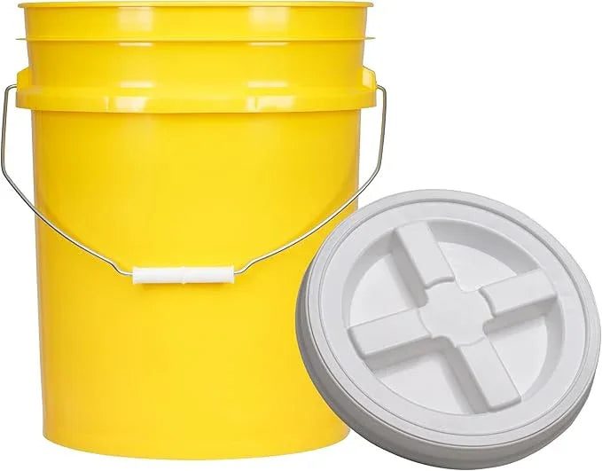 House Naturals 5 Gal Food Grade BPA Free Made in USA Yellow Plastic Buckets Premium 90 mil pails with Gasket Screw On Lids - Pack of 2 (White lids) - NeatNest