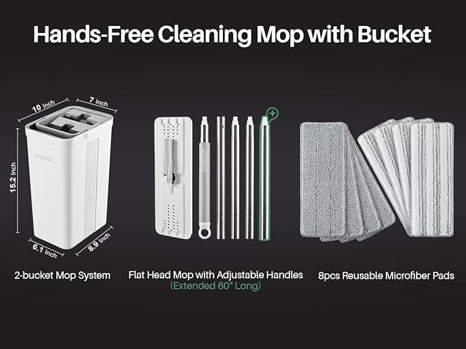 JOYMOOP Mop and Bucket Set with Wringer, Dust Mops for Floor Cleaning, Wall Cleaner with Long Handle,Wet and Dry Use - 8 Microfiber Mop Pads - NeatNest
