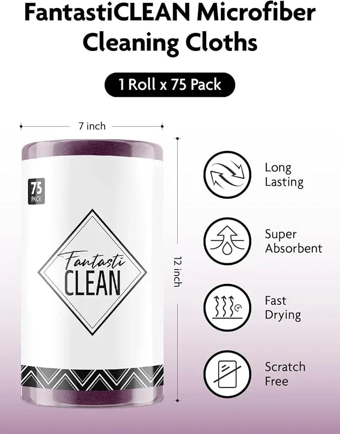 Fantasticlean Microfiber Cleaning Cloth Roll -75 Pack, Tear Away Microfiber Towels, 12" x 12", Reusable, Washable, Scratch Free, Ultra Absorbent for Car, Home Supplies (Dark Purple) - NeatNest