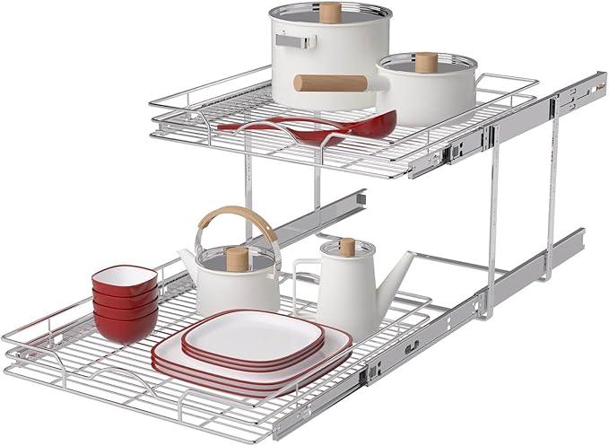 OCG 2 Tier Pull Out Cabinet Organizer (21.5" W x 21" D), Pull Out Drawers for Kitchen Cabinets, Pull Out Shelves for Base Cabinet Organization in Kitchen Bathroom Pantry, Chrome Finish - NeatNest