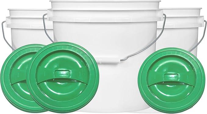 House Naturals 2 Gallon White Bucket with Screw on Lid - Pack of 3 Made in USA contrainers (White Buckets with Green Lids) - NeatNest