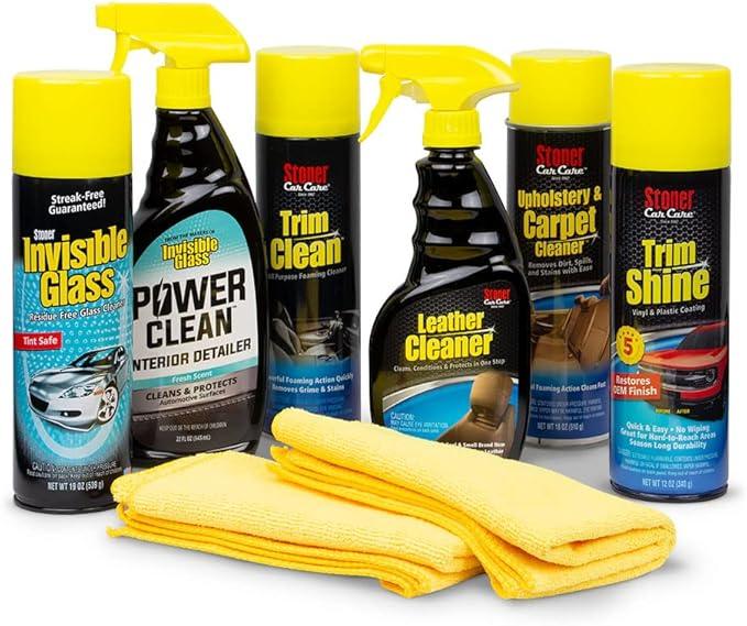 Stoner Car Care 99056 Interior Detailing 8-Piece Kit Includes Carpet and Upholstery Cleaner, Leather Cleaner, Trim Shine, Trim Clean, Premium Glass Cleaner, Power Clean, and Two Microfibers - NeatNest