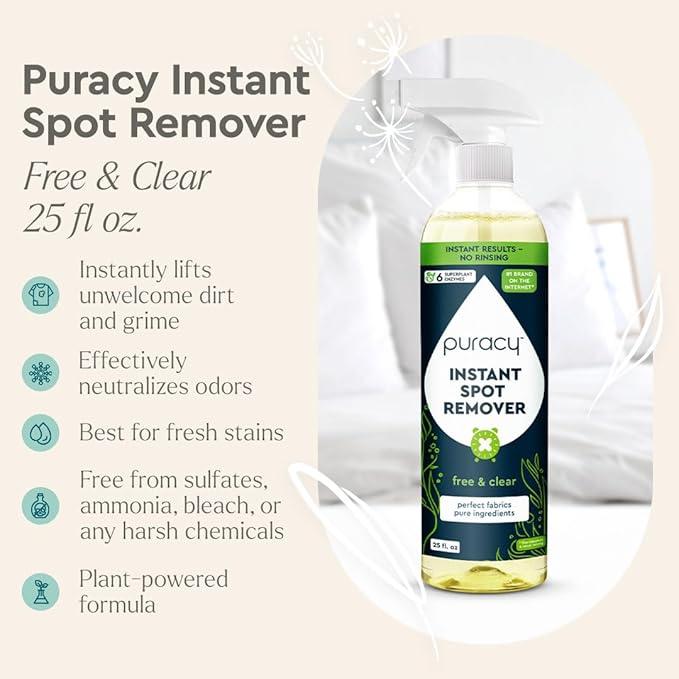 Puracy Laundry Stain Remover for Clothes Laundry - Carpet Stain Remover Carpet Spot Cleaner Couch Stain Remover - Clothes Spray, Free & Clear - Instant Spot Remover, 25 Fl Oz (Pack of 1) - NeatNest
