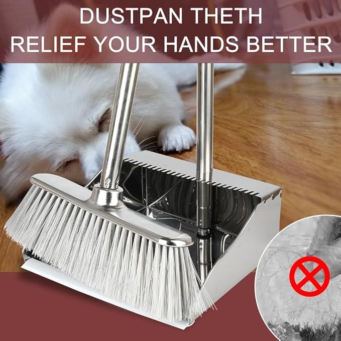 Metal Dustpan with Broom Set, Long Handle Stainless Steel Dustpan,Heavy Duty Standing Dust Pan with Teeth, Indoor Outdoor Up for Home Kitchen Lobby Room Office - NeatNest