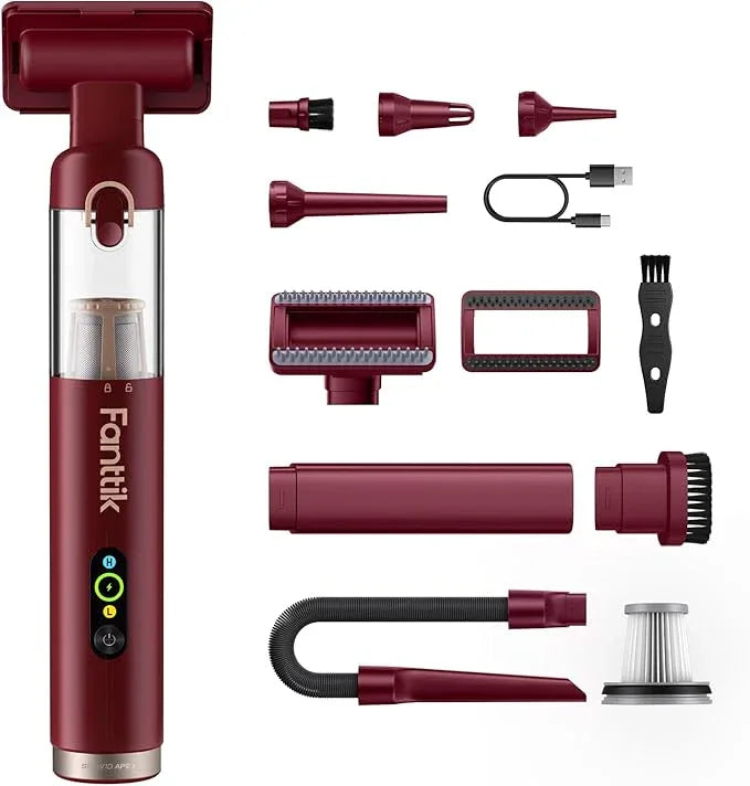 Fanttik Slim V10 APEX Cordless Car Vacuum, 4-in-1 Portable Mini Handheld Vac, 19kPa Suction Power, Upgraded Smart Digital Display, 2 Suction Modes for Small Jobs, Car, Office Desk, Keyboards (Red) - NeatNest