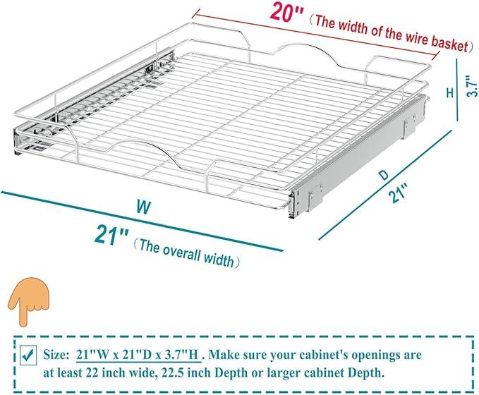 OCG Pull Out Cabinet Organizer (21" W x 21" D), Pull out Shelves 1 Tier, Cabinet Slide Out Shelves for Base Cabinet Organization in Kitchen Bathroom Pantry, Bottom Mount, Chrome Finish - NeatNest