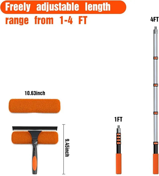 4FT Window Squeegee with Extension Pole, 2-in-1 Squeegee for Window Cleaning, Professional Cleaning Kit for Home with 4FT Telescoping Pole for Outdoor Indoor Use - NeatNest