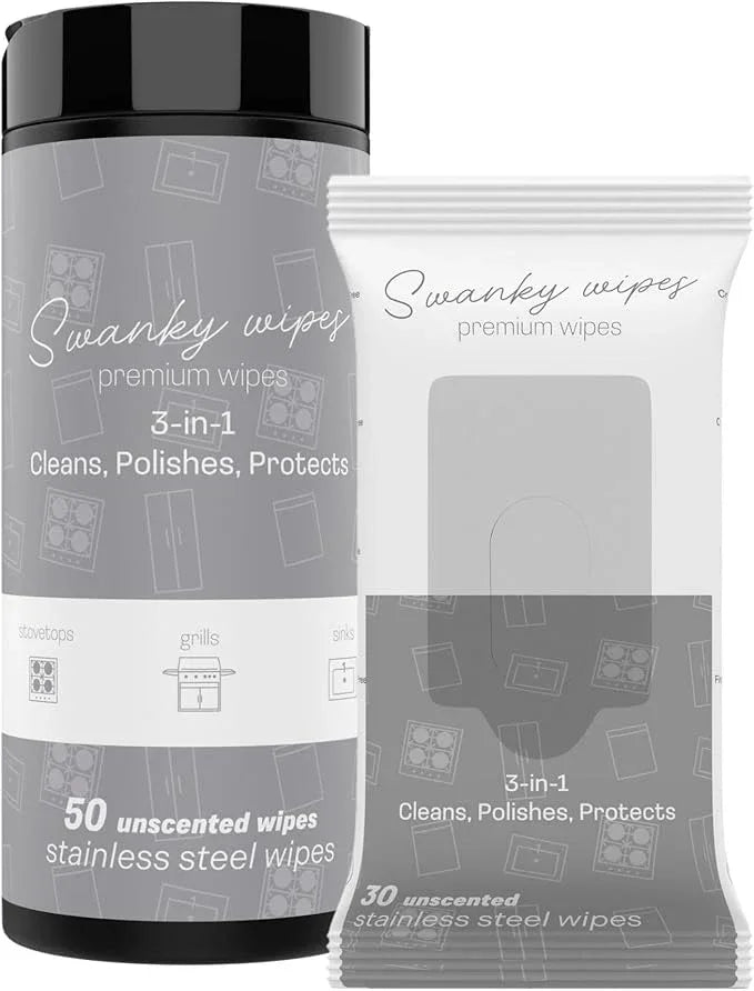 Swanky Stainless Steel Cleaner Wipes Bundle - Grime & Grease Remover Kitchen Cleaning Supplies - Clean & Shine for Stove, Refrigerator, Sink, Oven & Appliances - Soft Wipes (30 Ct) & Canister (50 Ct) - NeatNest