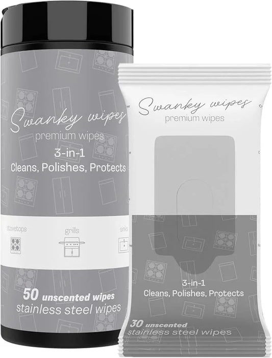 Swanky Stainless Steel Cleaner Wipes Bundle - Grime & Grease Remover Kitchen Cleaning Supplies - Clean & Shine for Stove, Refrigerator, Sink, Oven & Appliances - Soft Wipes (30 Ct) & Canister (50 Ct) - NeatNest