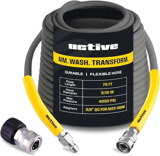 Active 75’ Pressure Washer Hose Compatible with gas and electric pressure washers (M22-14mm) Kink resistant, flexible steel braided power washer hose, max operating spec of 4000 PSI & 12 GPM and 212°F - NeatNest