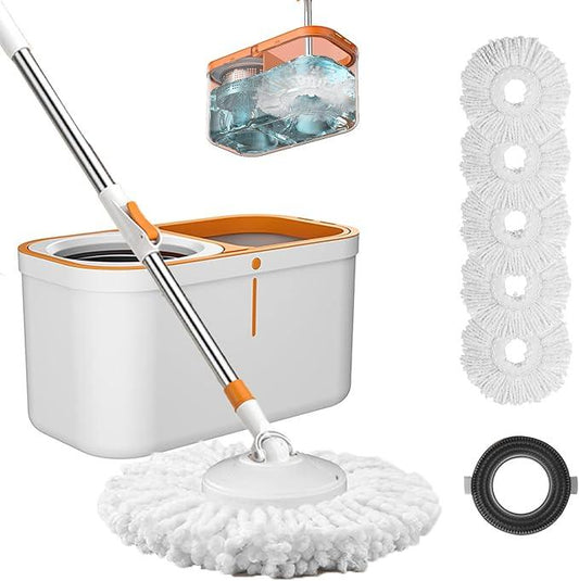 Floor Spin Mop and Bucket Set with Wringer System Extended Stainless Steel Handle 61＂for Home Floor Cleaning Use with 5 Replacement Head Refill and 1 Cleaning Brush Head - NeatNest