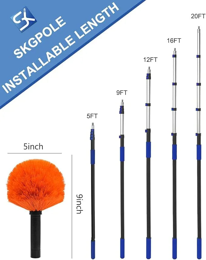 26FT Reach Cobweb Duster, Outdoor Spider Web Cleaner Brush with 5-20FT Telescoping Extension Pole, Aluminium Heavy Duty, Medium Stiff Bristles Spider Web Brush for Outdoor & Indoor Cleaning - NeatNest