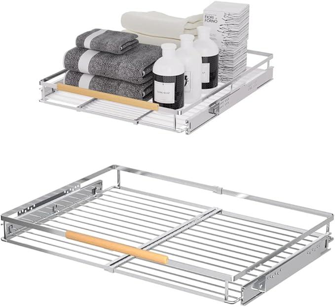 Expandable Sliding Basket, Pull-Out Cabinet Organizer, Heavy Duty Slide Out Pantry Shelves Sliding Drawer Storage for Kitchen, Under Sink, Wardrobe, 2 Pack Chrome 16.6''-27.8''W x 22''D - NeatNest