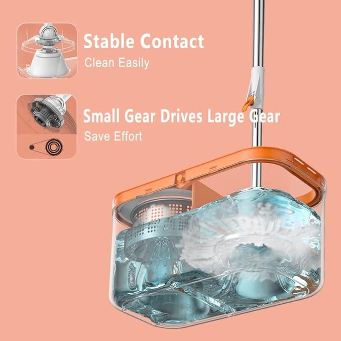 Floor Spin Mop and Bucket Set with Wringer System Extended Stainless Steel Handle 61＂for Home Floor Cleaning Use with 5 Replacement Head Refill and 1 Cleaning Brush Head - NeatNest