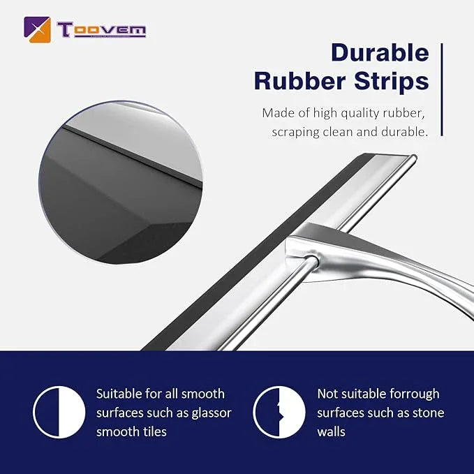 TOOVEM 14 Inch Shower Squeegee for Glass Doors, Window, Bathroom, Car Windshield, Shower Cleaning Tools with S Hook, Square Sticky Hook (Silver) - NeatNest