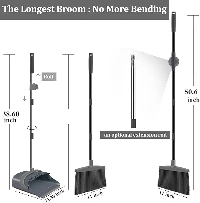 Broom and Dustpan Set, Dust pan with Long Handle, Broom with Dustpan Combo Set, Broom and Dustpan for Home, Indoor or Outdoor Cleaning Tool (Deep Gray&Light Gray) - NeatNest