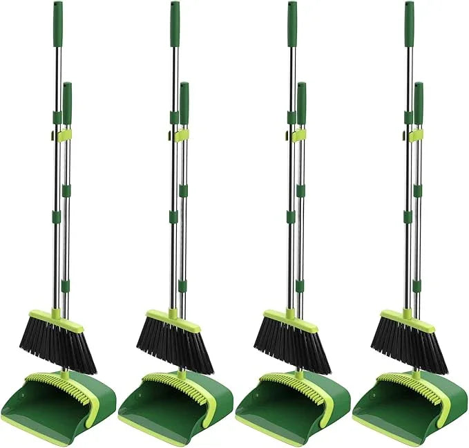 Broom and Dustpan Set, 52-in Long Adjustable Handle Broom Dustpan Combo with Dust pan Teeth to Automatically Clean Hair Suitable for Home Kitchen Office Hall Floor (Green), 4 Pack - NeatNest