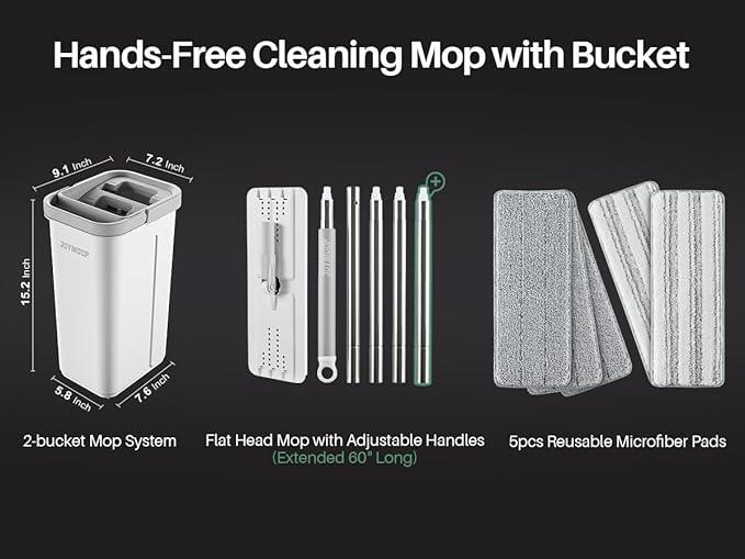 JOYMOOP Mop and Bucket with Wringer Set, Hands Free Flat Floor Mop and Bucket, 60" Mop with 5 Reusable Microfiber Pads, Wet and Dry Use, Floor Cleaning System - NeatNest