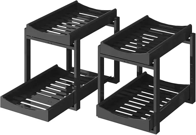 Bamboo Under Sink Organizer and Storage, 2 Pack Pull Out Cabinet Organization, 2 Tier Vertical Slide Out Undersink Storage Shelf, Multi-Purpose Organizer Shelves for Kitchen Bathroom Medicine, Black - NeatNest
