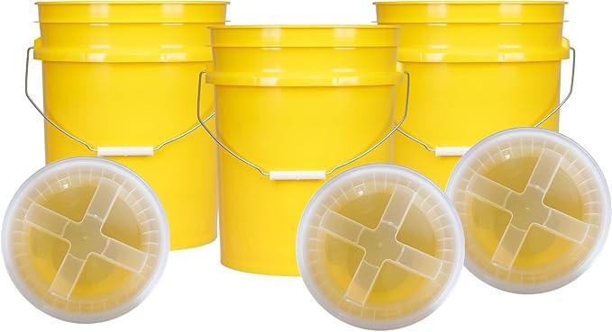 House Naturals 5 Gallon Plastic Yellow Food Grade BPA Free Made in USA Bucket Pail with Air Tight Double Gasket Screw on Lid(Pack of 3) (Yellow and Clear lids) - NeatNest