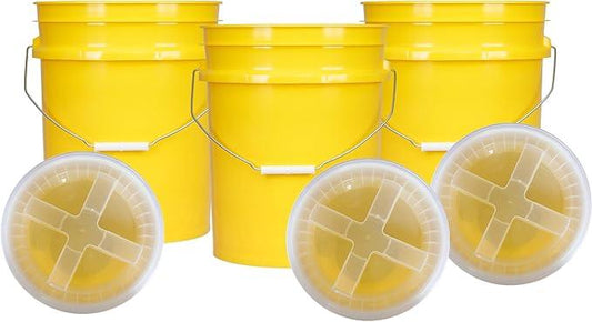 House Naturals 5 Gallon Plastic Yellow Food Grade BPA Free Made in USA Bucket Pail with Air Tight Double Gasket Screw on Lid(Pack of 3) (Yellow and Clear lids) - NeatNest