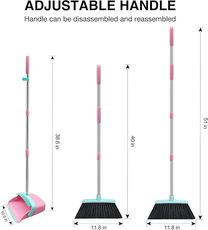 NACENA Broom and Dustpan Set, 52-in Long Adjustable Handle Broom Dustpan Combo with Dustpan Teeth to Automatically Clean Hair Suitable for Home Kitchen Office Hall Floor (Pink&Blue), 4 Pack - NeatNest