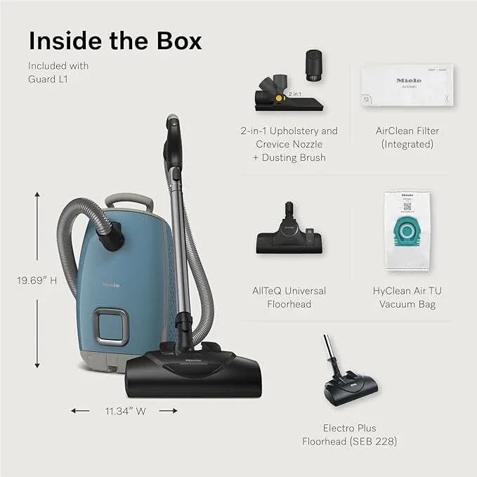 Miele New Guard L1 Bagged Canister Vacuum Cleaner with AirClean Filter, Electro Plus Floorhead, AllTeQ Universal Floorhead, LED Display Panel, in Nordic Blue/Space Grey - NeatNest