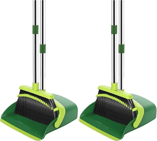 Broom and Dustpan Set, 52-in Long Adjustable Handle Broom Dustpan Combo with Dust pan Teeth to Automatically Clean Hair Suitable for Home Kitchen Office Hall Floor (Green), 2 Pack - NeatNest