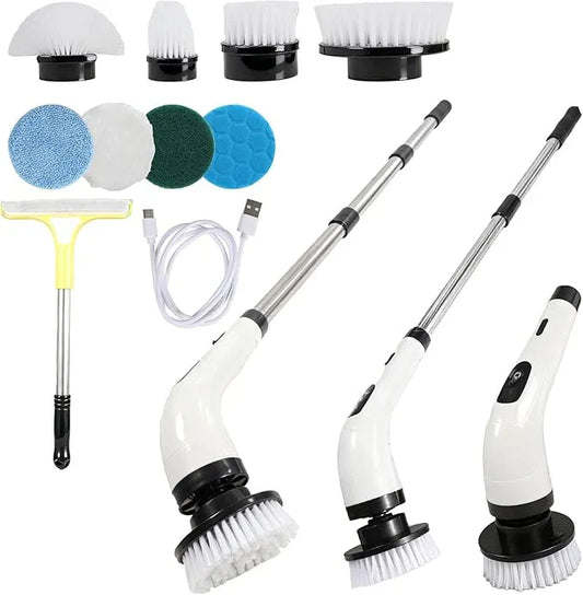 Rechargeable Electric Spin Scrubber, Waterproof Power Cleaner with 7 Brush Heads,1 Window Squeegee,2 Speeds Adjustable Long Handle for Bathroom, Floor, Shower, Tile & Kitchen Cleaning (White) - NeatNest