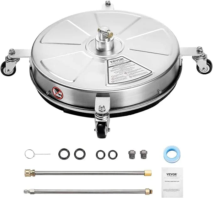 VEVOR 18" Pressure Washer Surface Cleaner, Stainless Steel Pressure Washer Attachments with 4 Wheels, 4000 Max PSI, 1/4 Quick Connector, 2 Spray Nozzles, 2 Extended Wands for Concrete, Patio, Deck - NeatNest