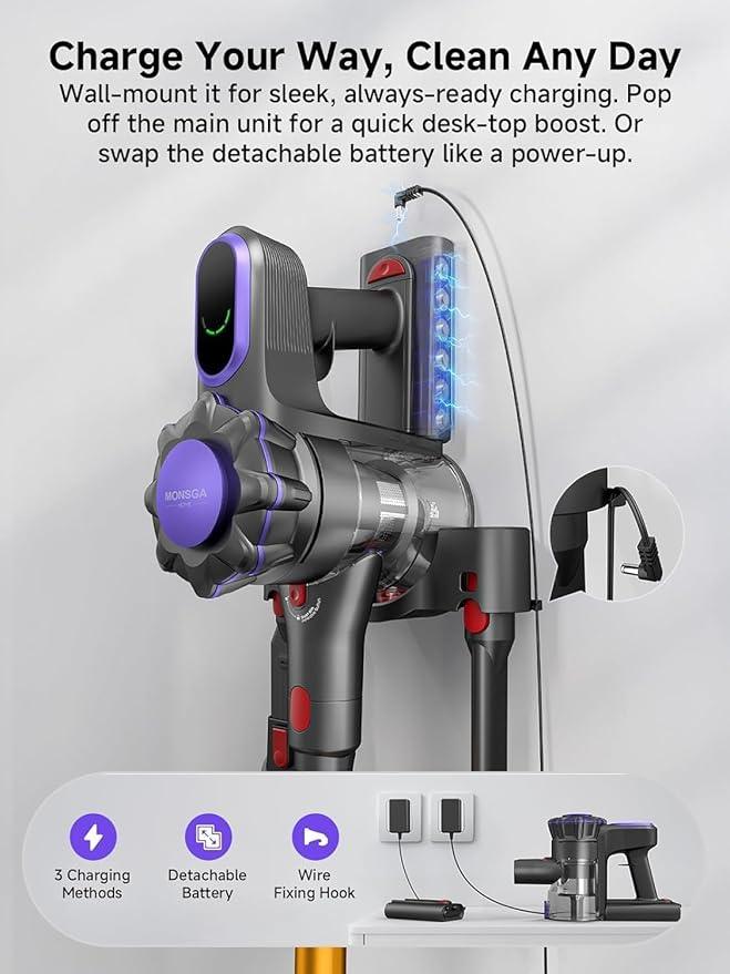 MONSGA Cordless Vacuum Cleaner, 45KPa 400W Stick Vacuum for Home, 50Mins Anti-Tangled Vacuum Cleaner with Charging Dock, Light-Weighted Handheld Vacuum for Pet Hair/Carpet/Floor, LED Touch Display - NeatNest