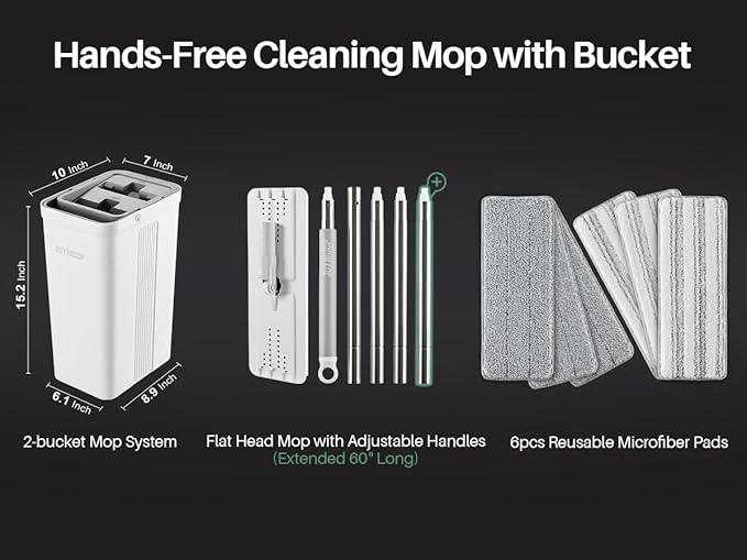 JOYMOOP Mop and Bucket Set with Wringer, Flat Mops for Floor Cleaning, Wall Mop Cleaner with Long Handle, Hardwood Floor Mop with 6 Microfiber Pads - NeatNest
