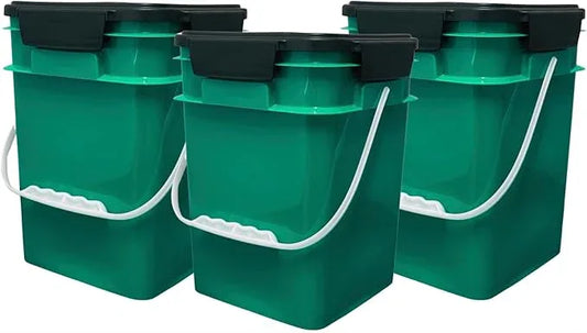 House Naturals 4 Gallon Square Food Grade Bucket Pail with Plastic Handles and Lid (Pack of 3) Made in USA containers (Dark Green - Black lids) - NeatNest