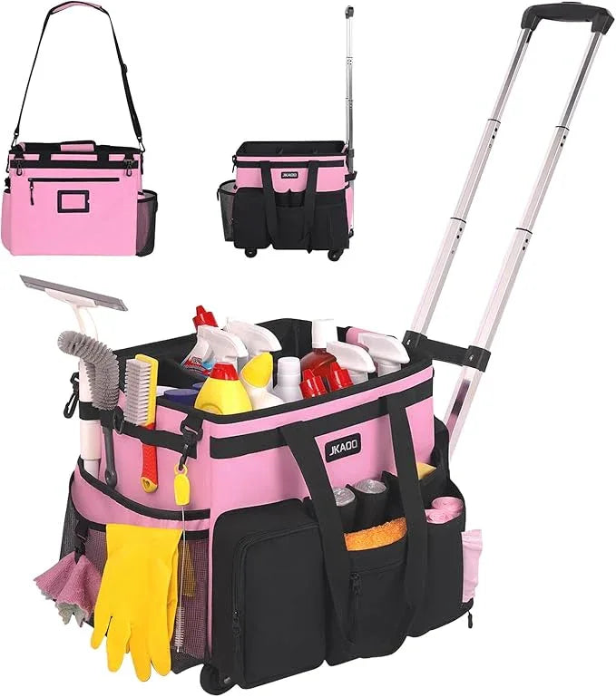 Large Rolling Cleaning Caddy Bag with Detachable Trolley, Waterproof Cleaning Caddy on Wheels for Housekeepers, Cleaning Cart Supplies Organizer for Home,Car,Office,Picnic (Pink) (in Patent) - NeatNest
