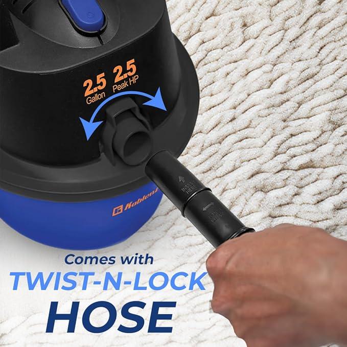 Koblenz WD-2.5L Portable Wet Dry Vacuum, 2.5-Gallon 2.5 PHP Suction Plus Blower Vacuum Cleaner for Liquids, Dust, Pet Hairs, 10’ Reach, For Car Cleaning, Wall-Mount Support, Parts Included, Blue/Black - NeatNest