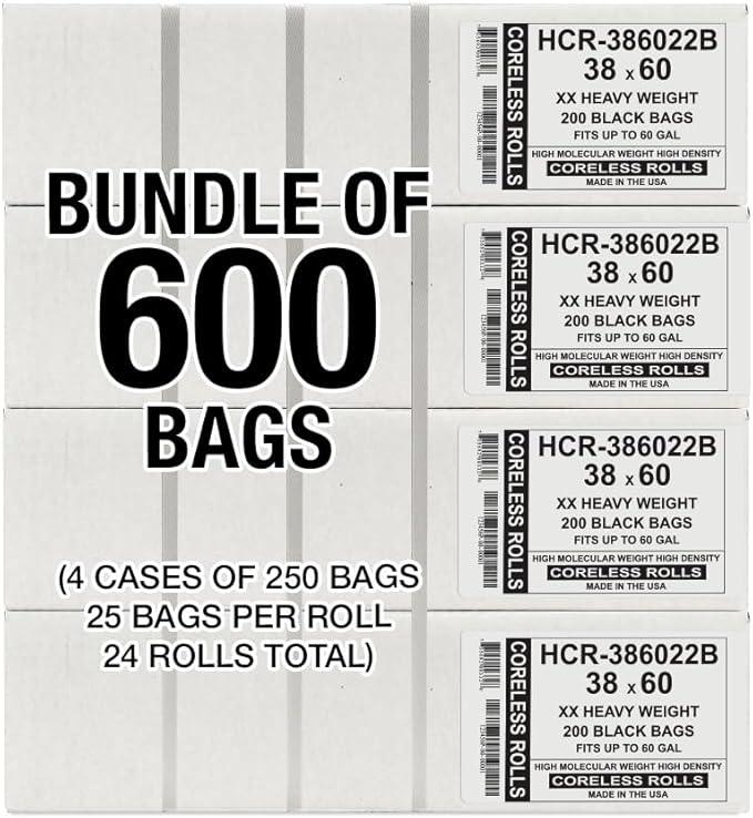 Aluf Plastics High Density Trash Bags, 60 Gallon, 600 Count, 22 Micron (eq), 38" x 60", Black, for Bathroom, Office, Industrial, Commercial, Janitorial, Municipal, Recycling - NeatNest